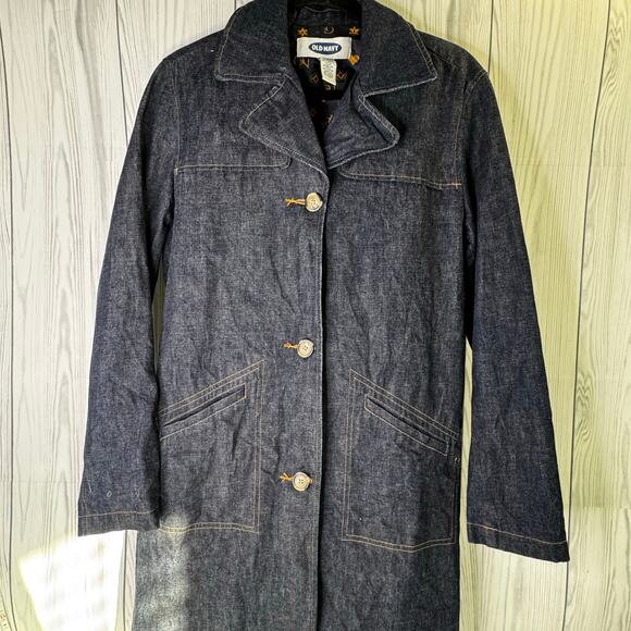 Vintage Old Navy 2001 Denim Trench Coat Womens Large  Blue Duster Y2K RARE - Picture 2 of 10